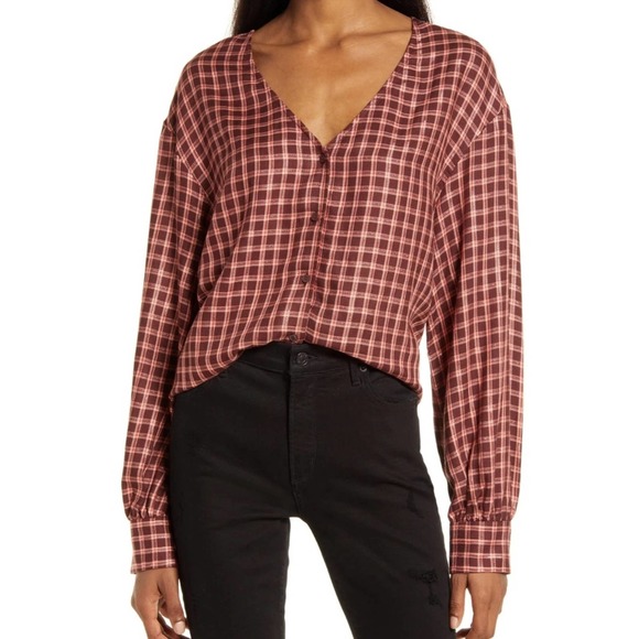TREASURE & BOND Button Front Long Sleeve Top Brown York Plaid Medium - Picture 1 of 9